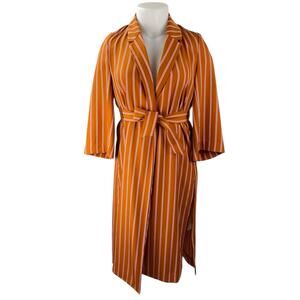 H&M Women's Orange Striped Collared 3/4 Sleeve Midi Kimono Wrap Coat Dress Sz 2